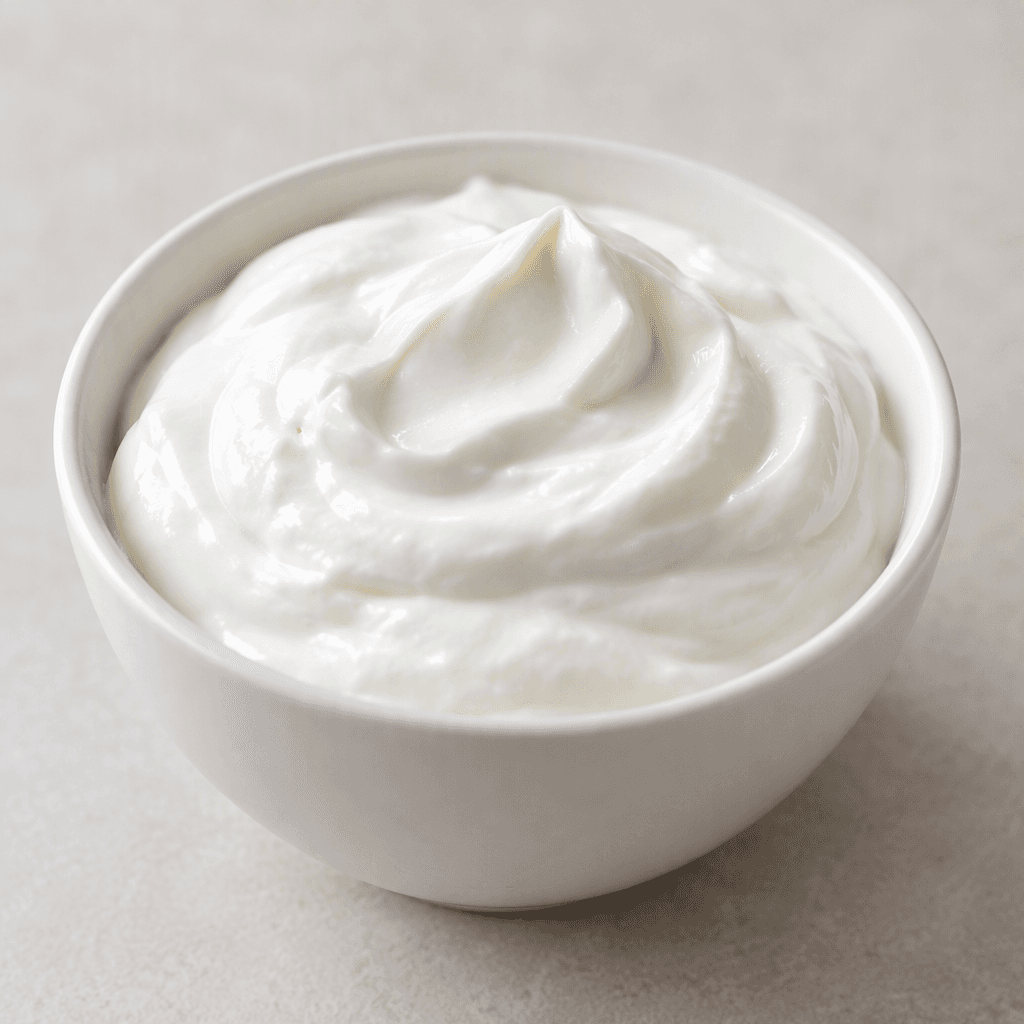 A smooth, thick white yogurt with a glossy surface, spooned into a small plain bowl and holding soft rounded peaks.