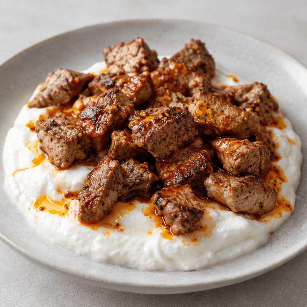 Bite-sized browned pieces of meat sit on a bed of thick white yogurt, with a little glossy reddish butter sauce drizzled over the top on a plate.