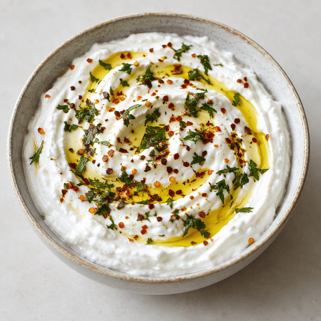 A bowl of thick, smooth white yogurt meze, spread into soft swirls and topped with a thin drizzle of golden olive oil and a light scattering of red pepper flakes and green herbs.