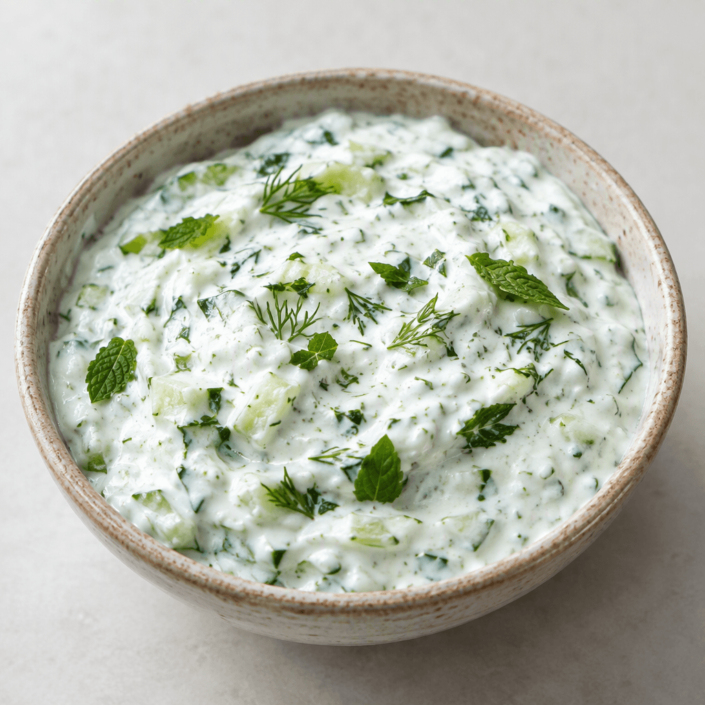 A bowl of thick white yogurt mixed with finely chopped green cucumber, fresh herbs and small green flecks, with a smooth, creamy texture and a few herb leaves scattered on top.