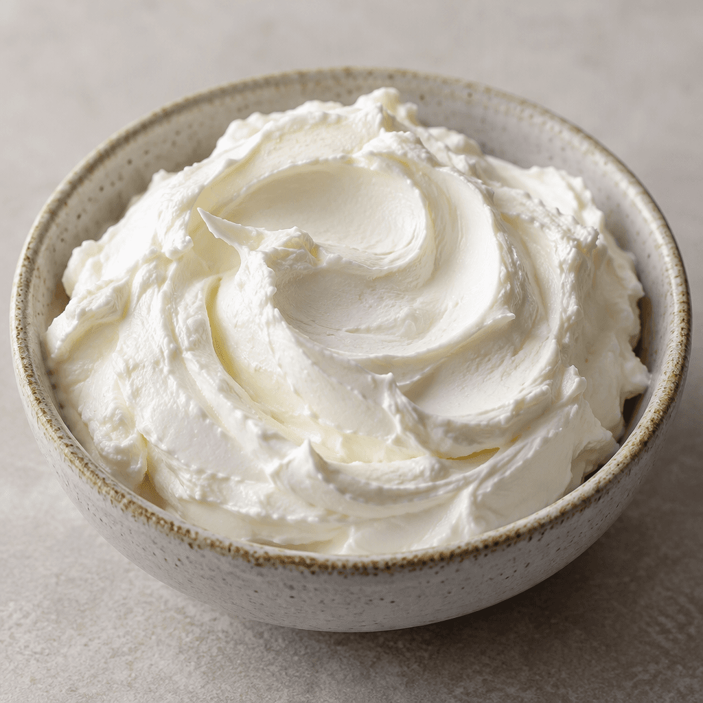 A mound of smooth, thick, bright-white labneh cheese with a creamy, slightly glossy surface sits in a small dish.