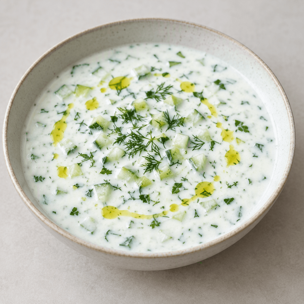 A bowl of thick, smooth white yogurt soup with finely diced pale-green cucumber and flecks of fresh green herbs, topped with a few thin olive-oil droplets and served chilled in a shallow bowl.