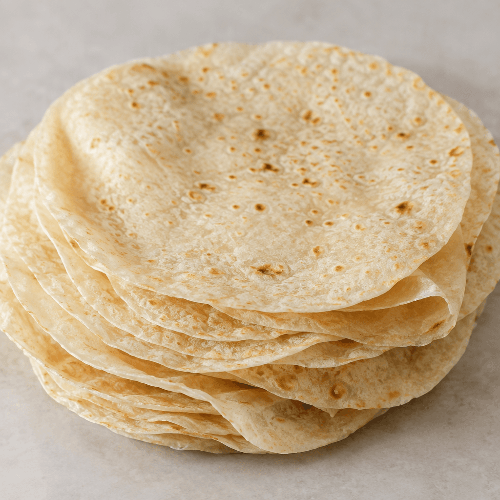 Thin, round sheets of pale cream dough with lightly browned speckles, a dry, delicate, slightly translucent texture, stacked loosely and folded at the edges.