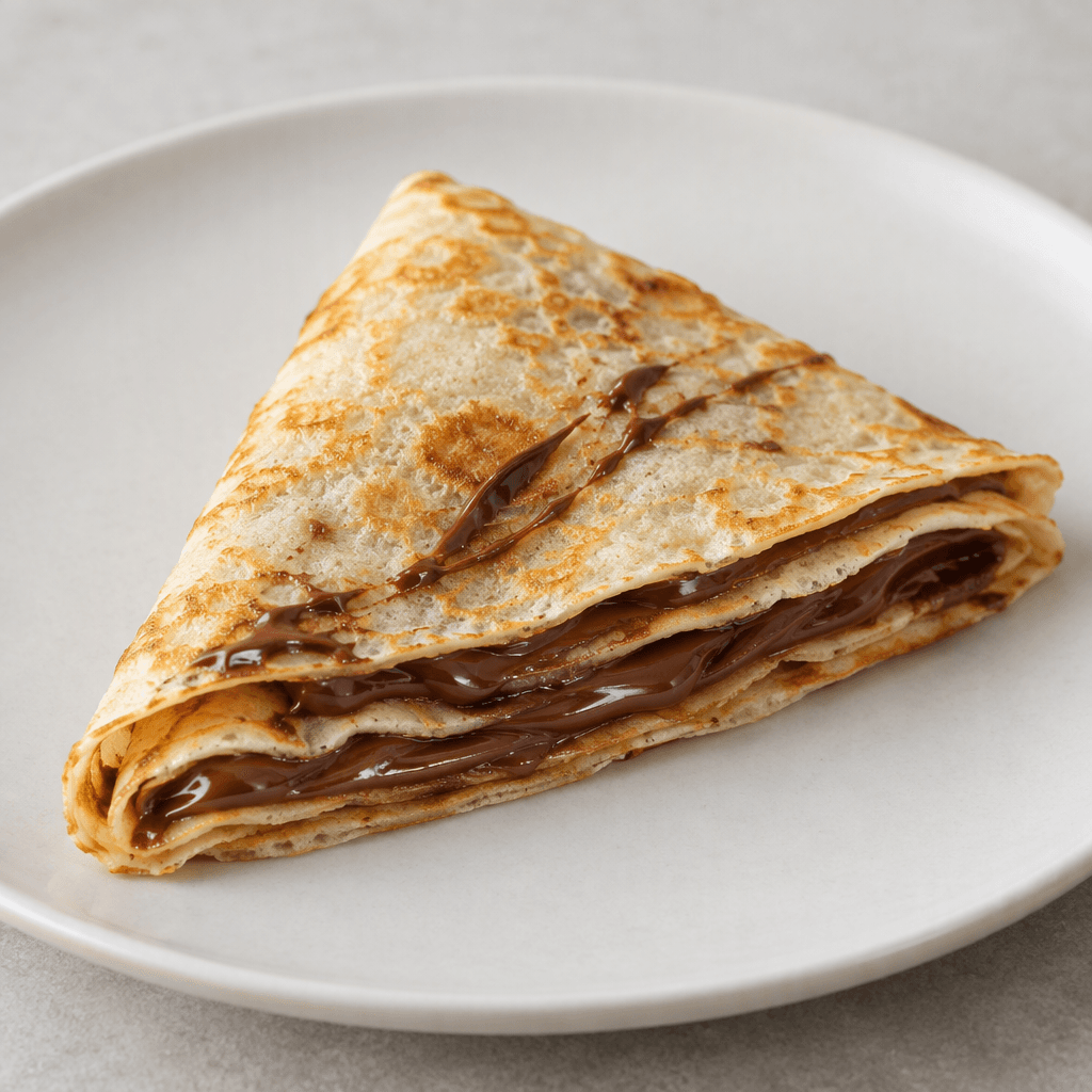 A thin, lightly browned sheet of yufka is folded into a loose triangle, with glossy dark-brown chocolate-hazelnut spread visible between its delicate layers and a few streaks along the top, served on a plain plate.