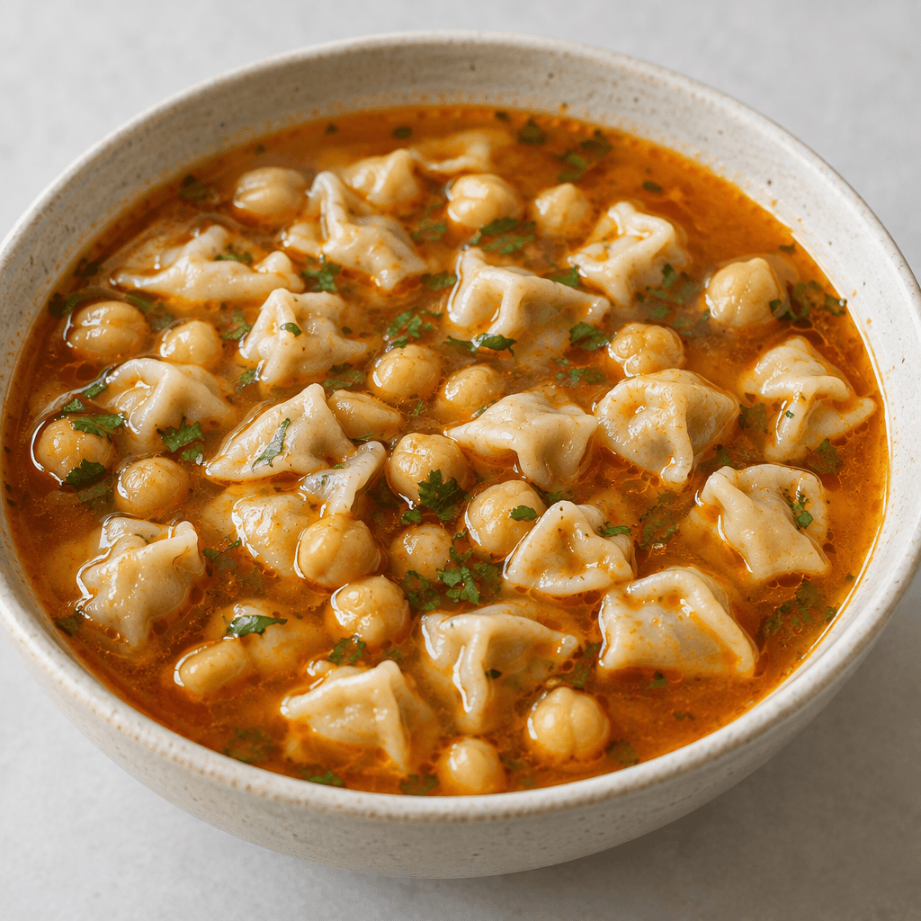 A bowl of clear reddish-orange broth containing many small folded dumplings and round beige chickpeas, with a light sheen of oil and a few green herb flecks on the surface.