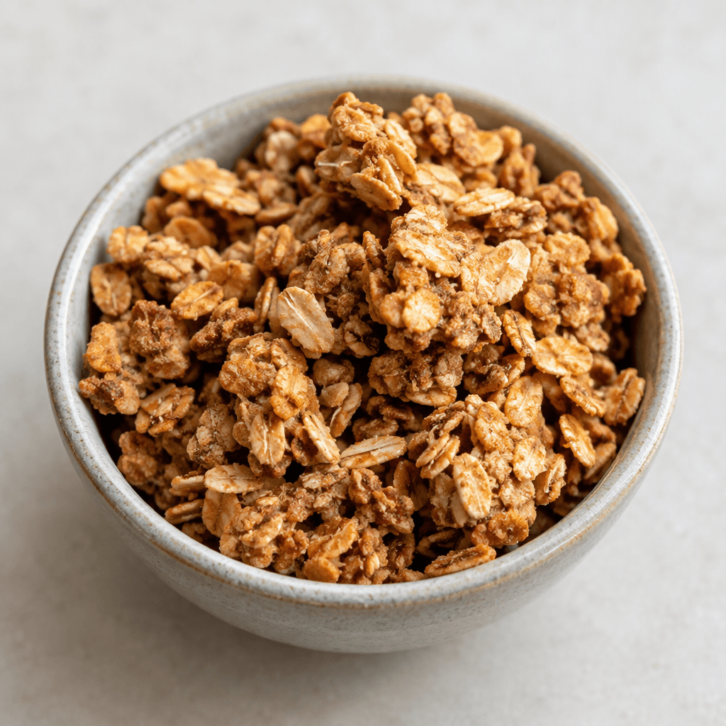 Loose, irregular clusters and flakes of golden-brown toasted rolled oats with a dry, crisp, crumbly texture, served in a small bowl.