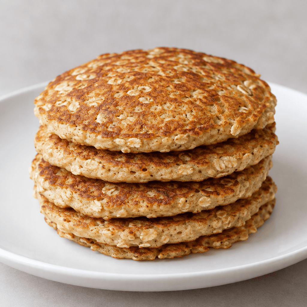 A small stack of golden-brown oat pancakes with softly irregular round edges, a tender-looking porous surface, and visible oat flecks, served on a plain plate.