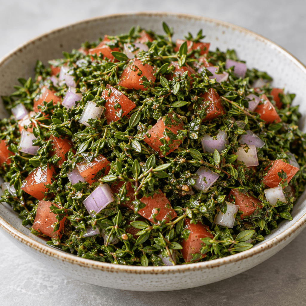 Finely chopped green zahter leaves are mixed with small pieces of red tomato and pale purple onion, lightly glossy and piled in a shallow serving dish.