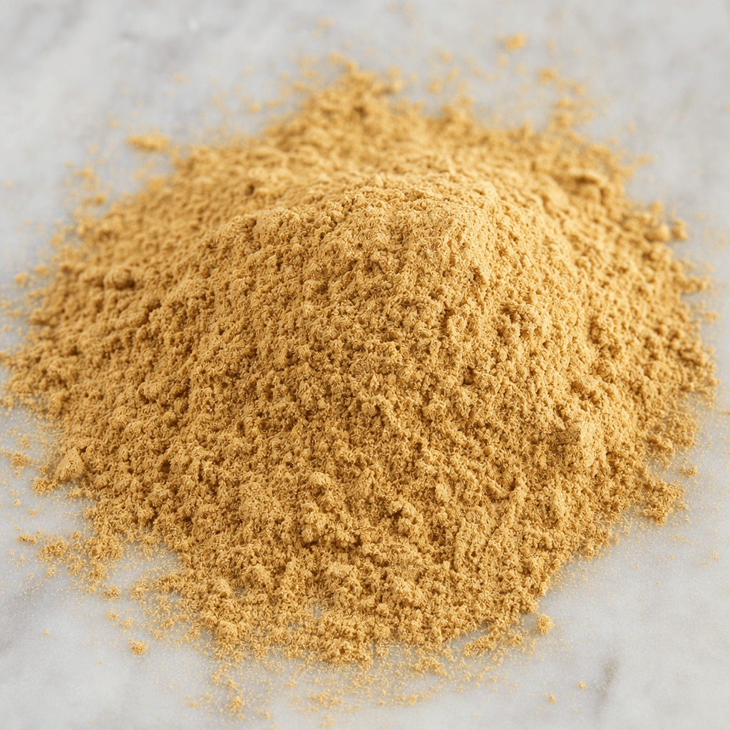 Fine, dry ginger powder forms a loose mound of warm tan-brown grains, with a soft, slightly uneven surface and a light dusting scattered around it.