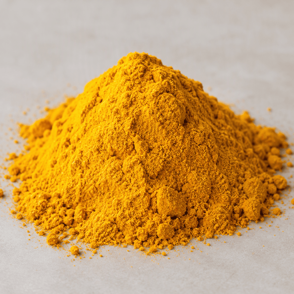 A mound of vivid golden-yellow turmeric powder with a very fine, soft, slightly clumping texture.
