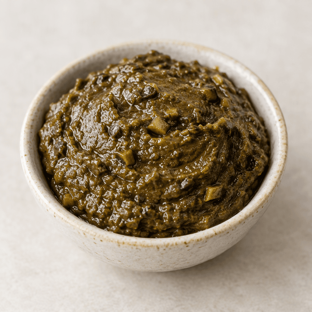 A thick, smooth olive paste with a glossy deep green-brown colour, spread into a low mound in a small dish, with a few tiny olive pieces visible on its surface.