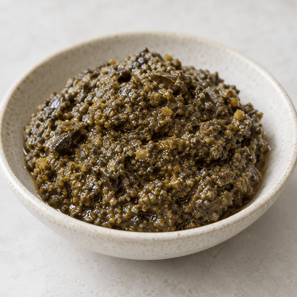 A thick, slightly coarse olive puree with a glossy dark green-brown surface, spooned into a small mound in a shallow dish.