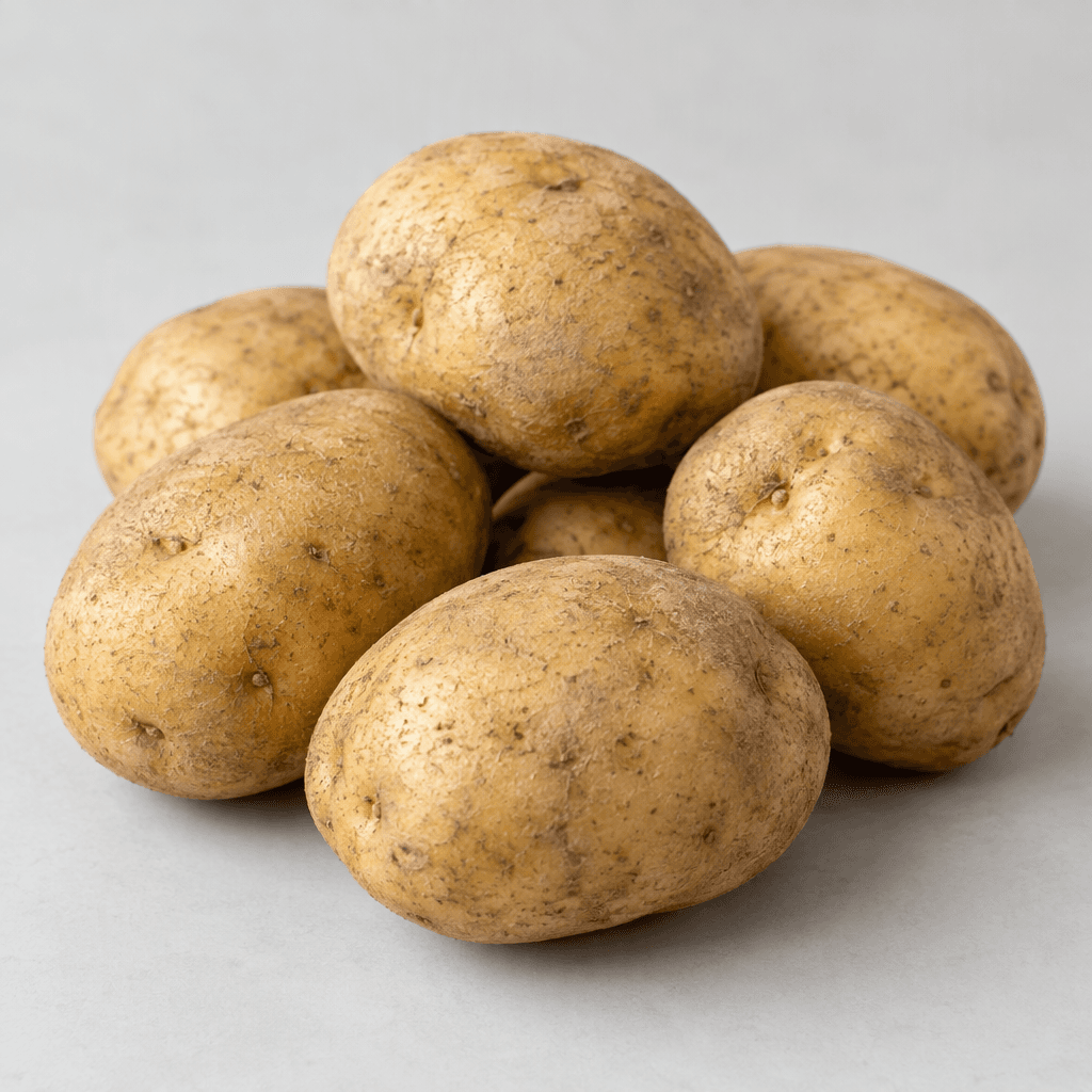 Several oval to round potatoes with thin tan-brown, slightly rough skins and a few shallow eyes, arranged together on a plain surface.