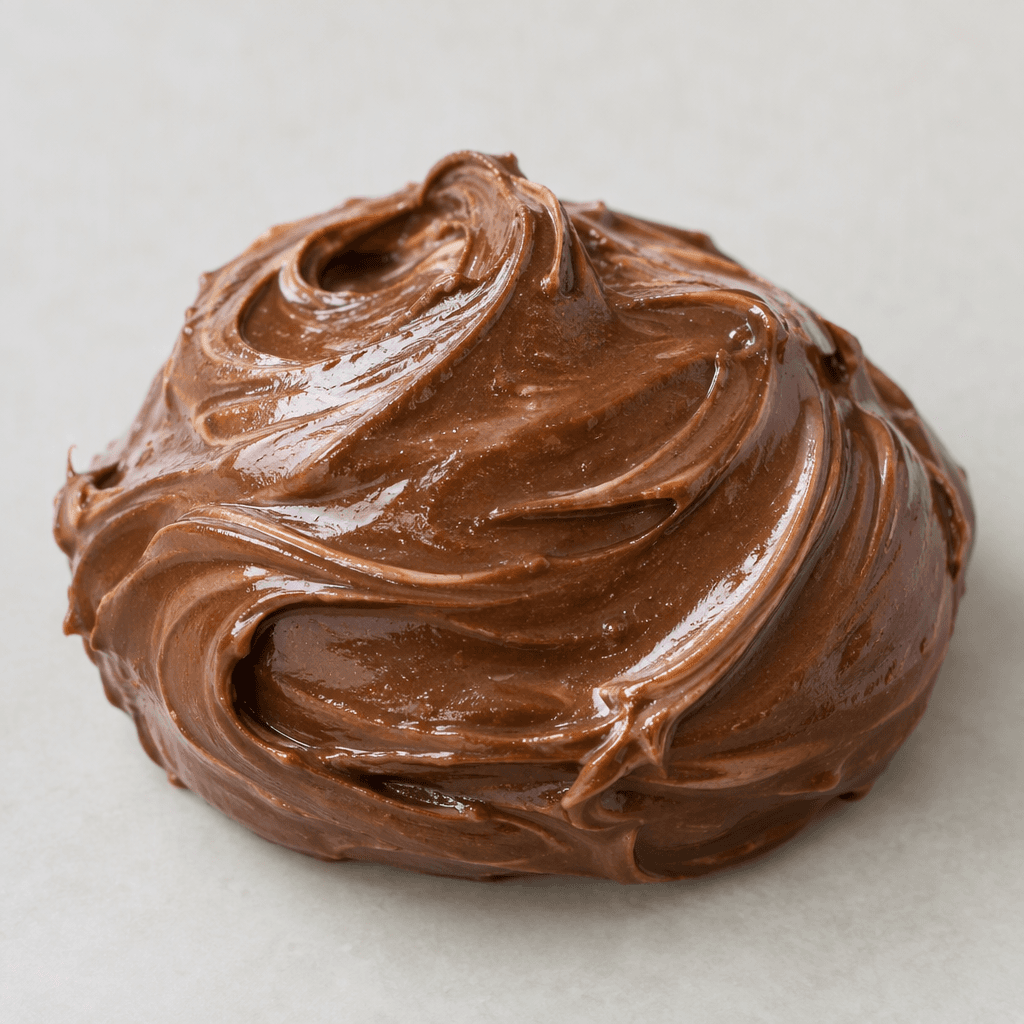 A thick, smooth, glossy chocolate-brown hazelnut spread sits in a soft mound, with faint lighter brown streaks across its surface.