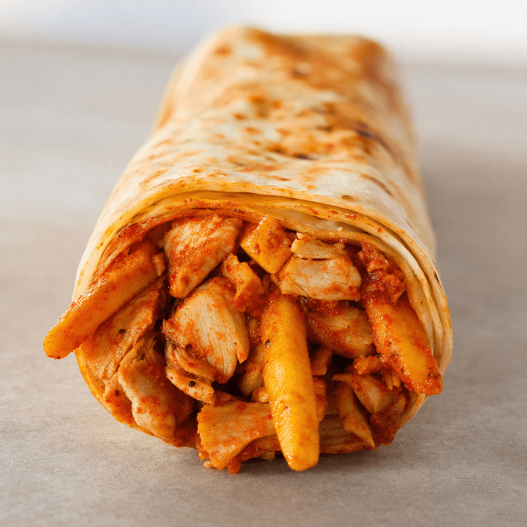 A long, tightly rolled flatbread wrap with lightly browned patches, its open end showing chopped chicken, thin golden fries and red sauce.