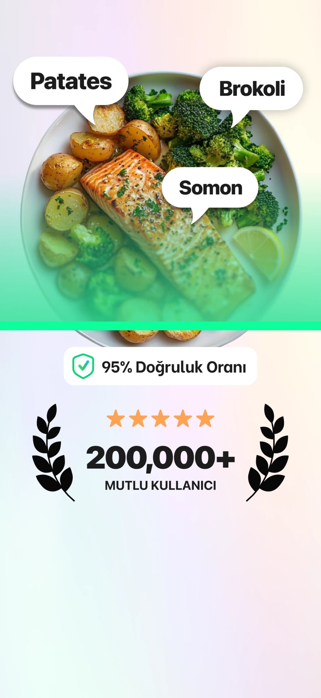 EatBetter uygulaması bir tabaktaki patates, brokoli ve somonu tanırken
