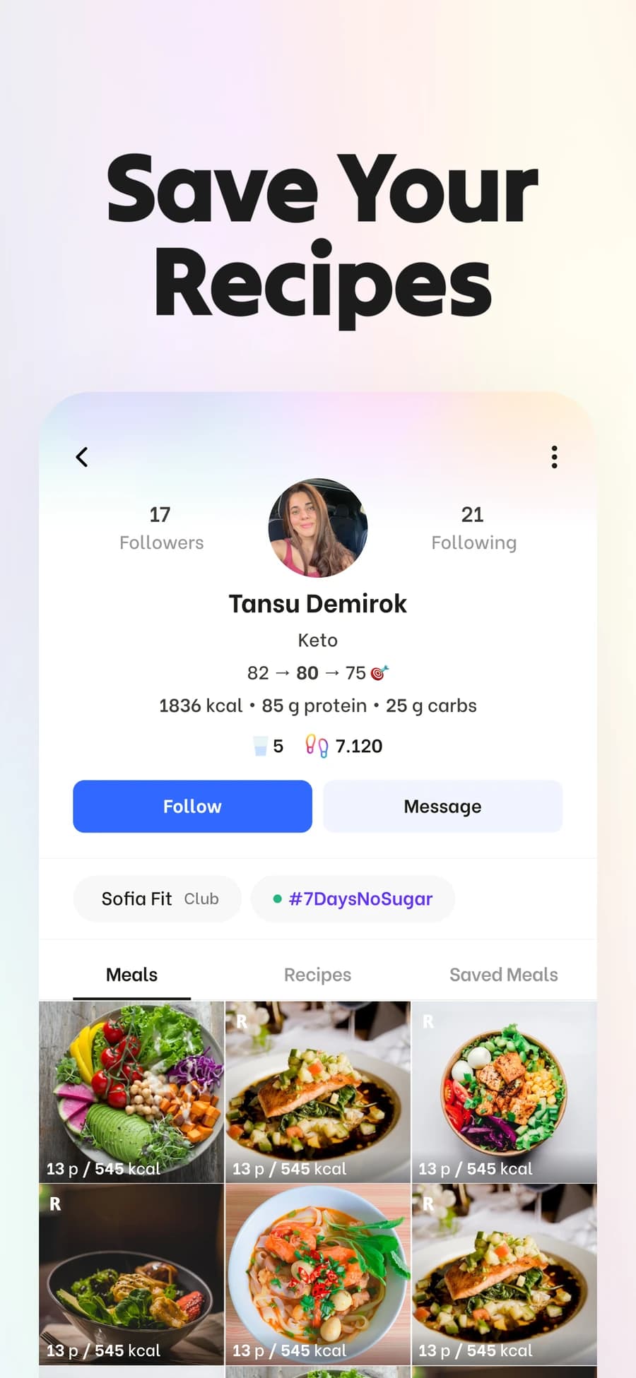 A user profile and their saved meals in the EatBetter app