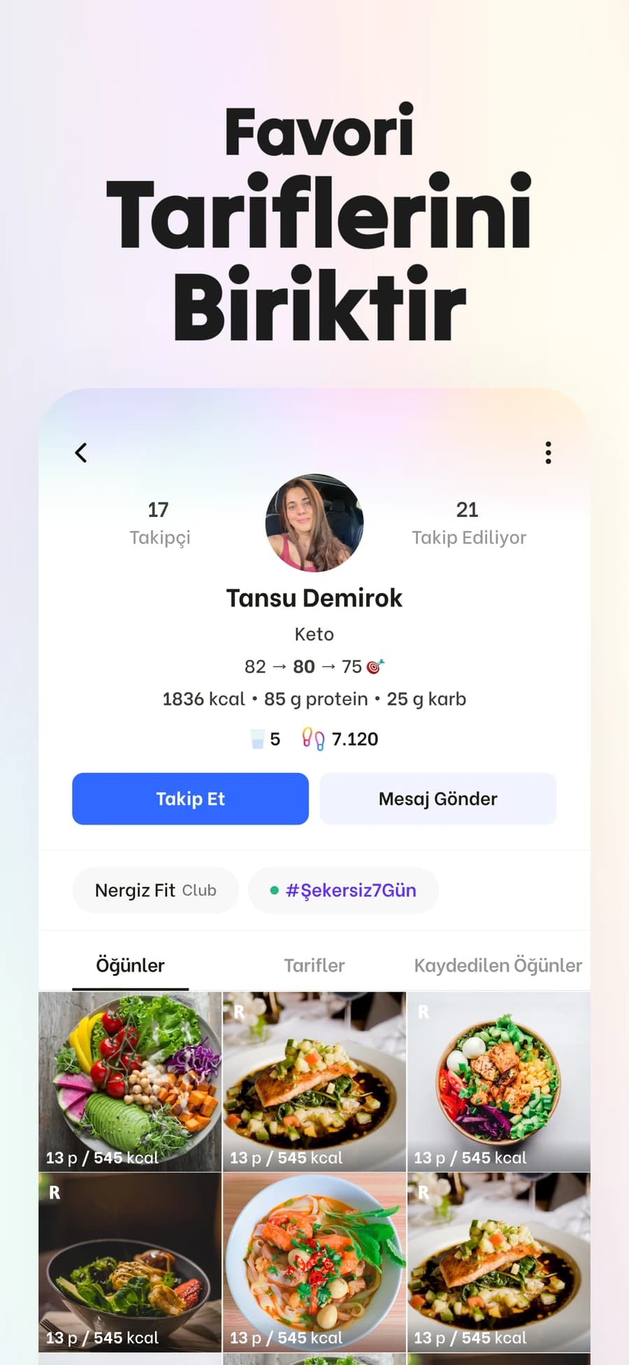 EatBetter uygulamasında bir kullanıcı profili ve kaydedilmiş öğünleri