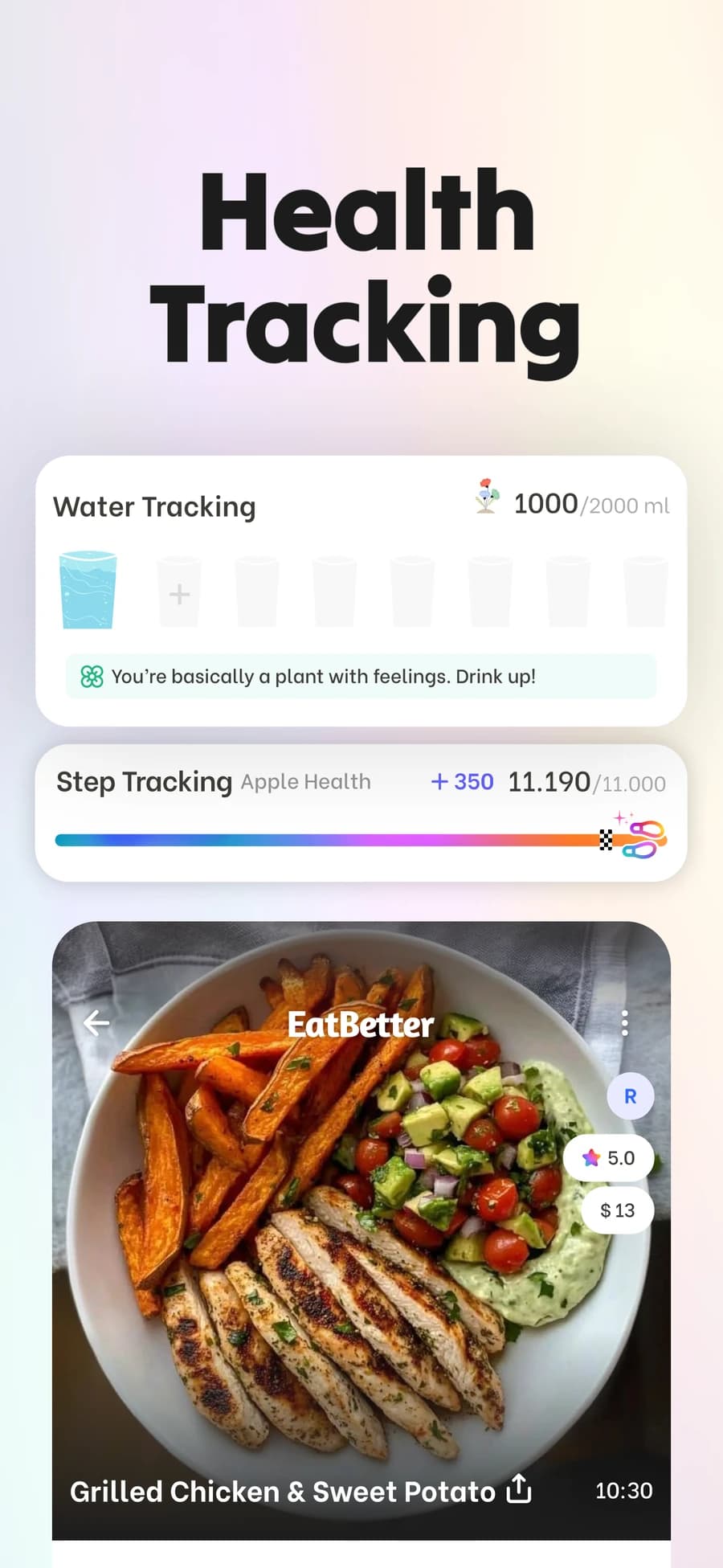 Water tracking and Apple Health step tracking in the EatBetter app