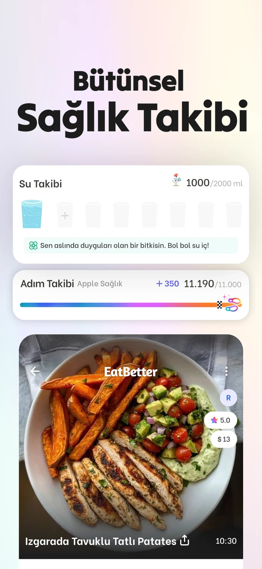 EatBetter uygulamasında su takibi ve Apple Sağlık ile adım takibi