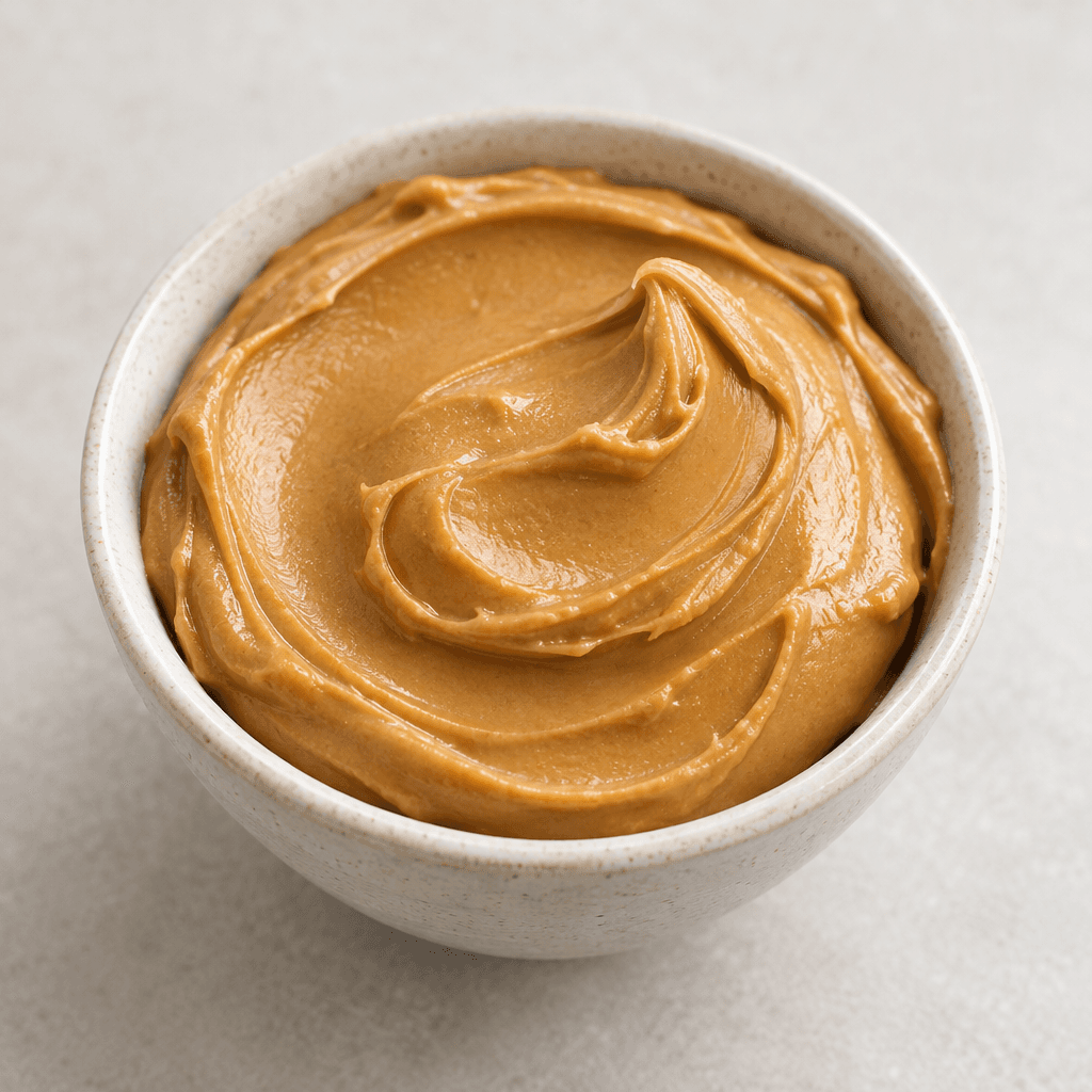 Smooth, glossy, thick tan-brown peanut butter with a dense, spreadable texture, mounded in a small bowl or spread in an even layer on toast, with no visible pieces or added ingredients.