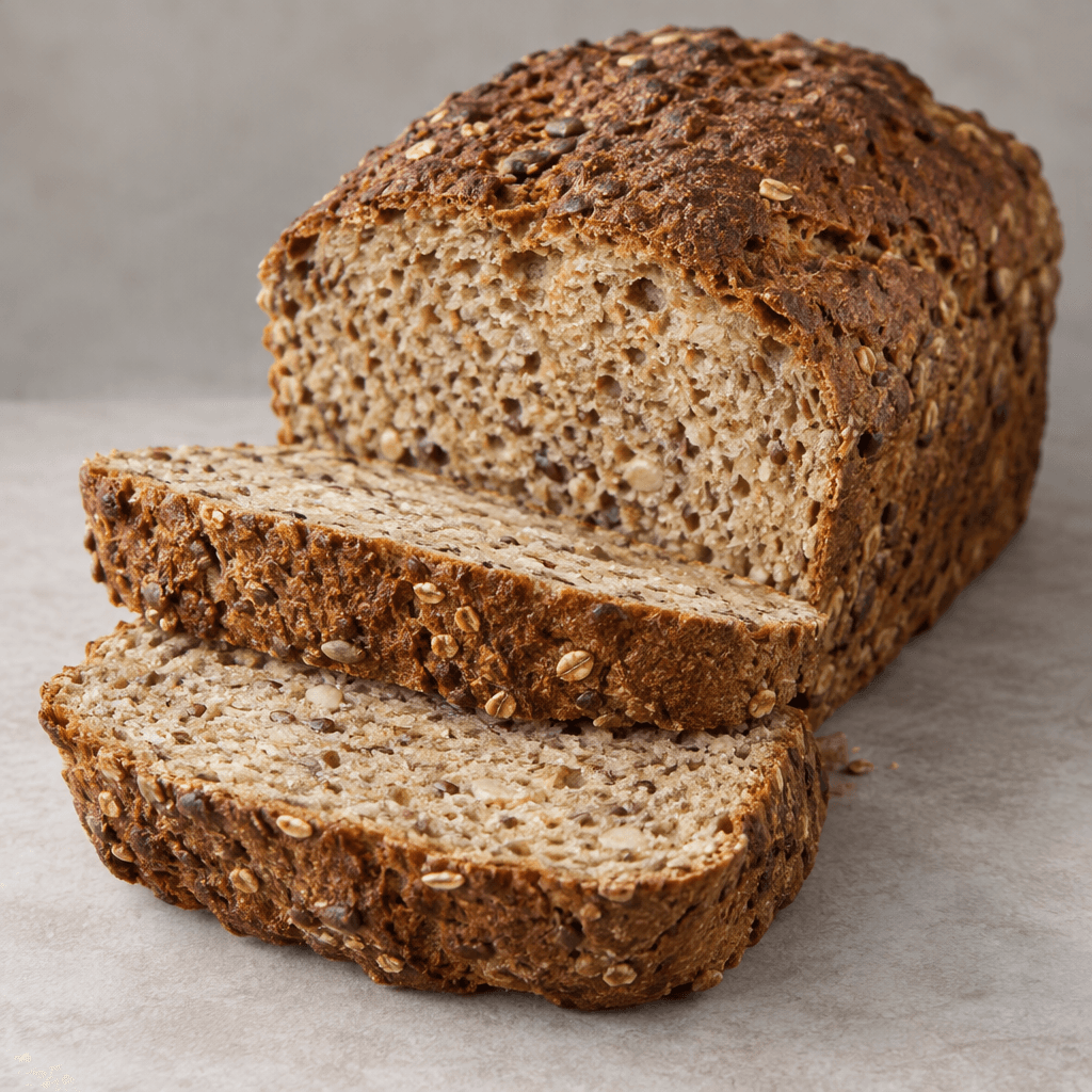 A rustic, dense whole-wheat loaf with a deep brown crust, an uneven rectangular shape, and a tan interior speckled with visible grains and small seeds, shown in thick slices beside the remaining loaf.