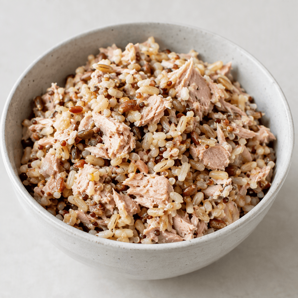 Flaked pale pink tuna is mixed with four kinds of visible whole grains in varied beige and golden tones, forming a moist, chunky salad served in a bowl.