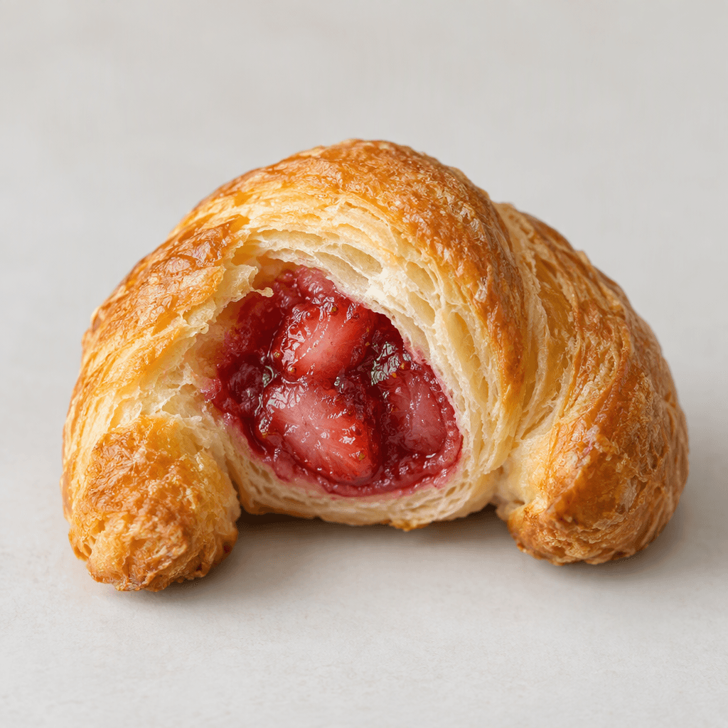 A small, curved, golden-brown pastry with a lightly flaky surface and pink-red strawberry filling visible in its cut center.