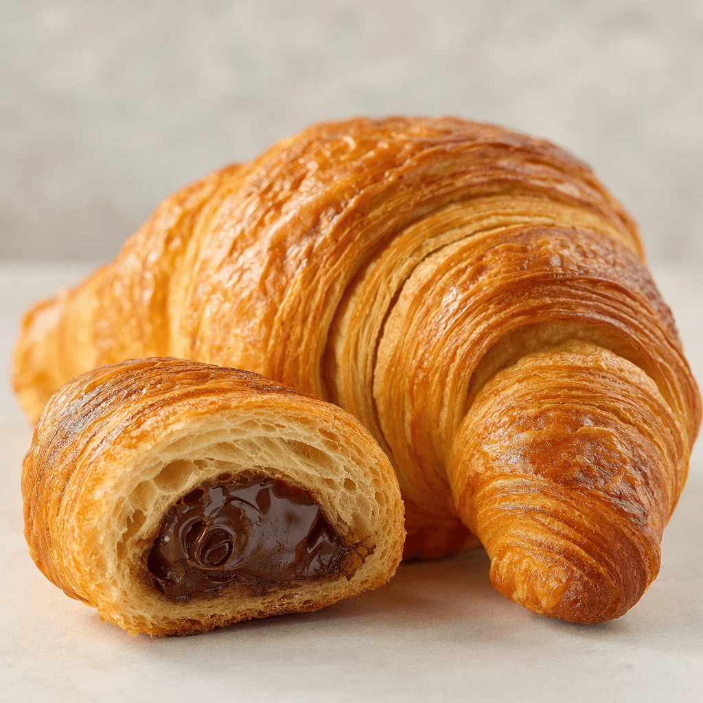 An elongated, gently curved croissant with a golden-brown, lightly glossy crust and fine flaky layers, shown whole beside a cut piece with smooth dark hazelnut filling visible inside.