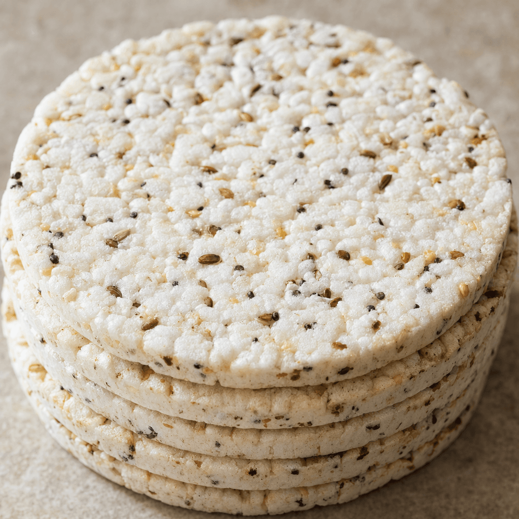 Thin, round rice cakes with a pale, bumpy surface, dotted with a mix of small dark and light seeds.