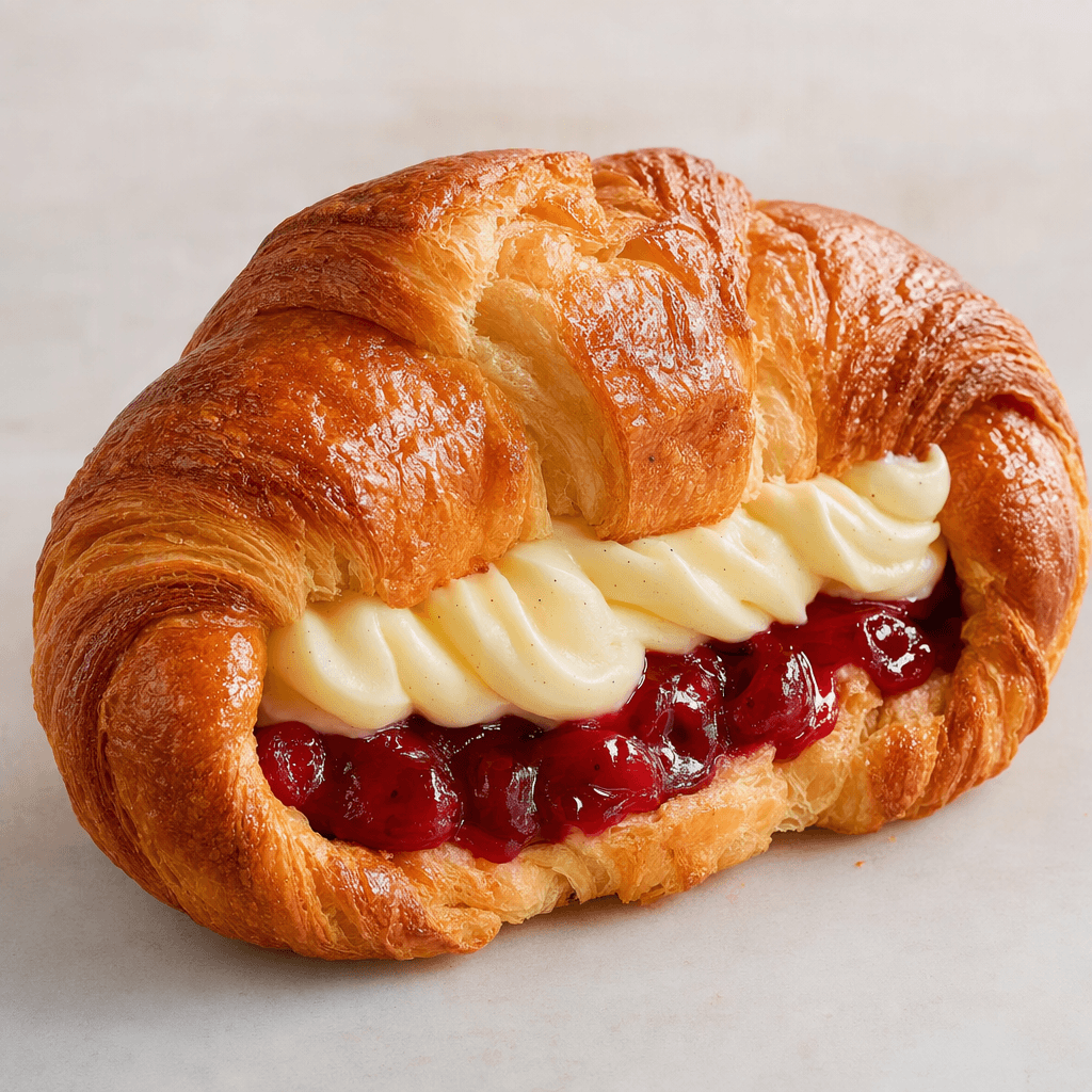 A large, gently curved croissant with a golden-brown, flaky layered crust, with pale vanilla cream and glossy red cherry filling visible inside.