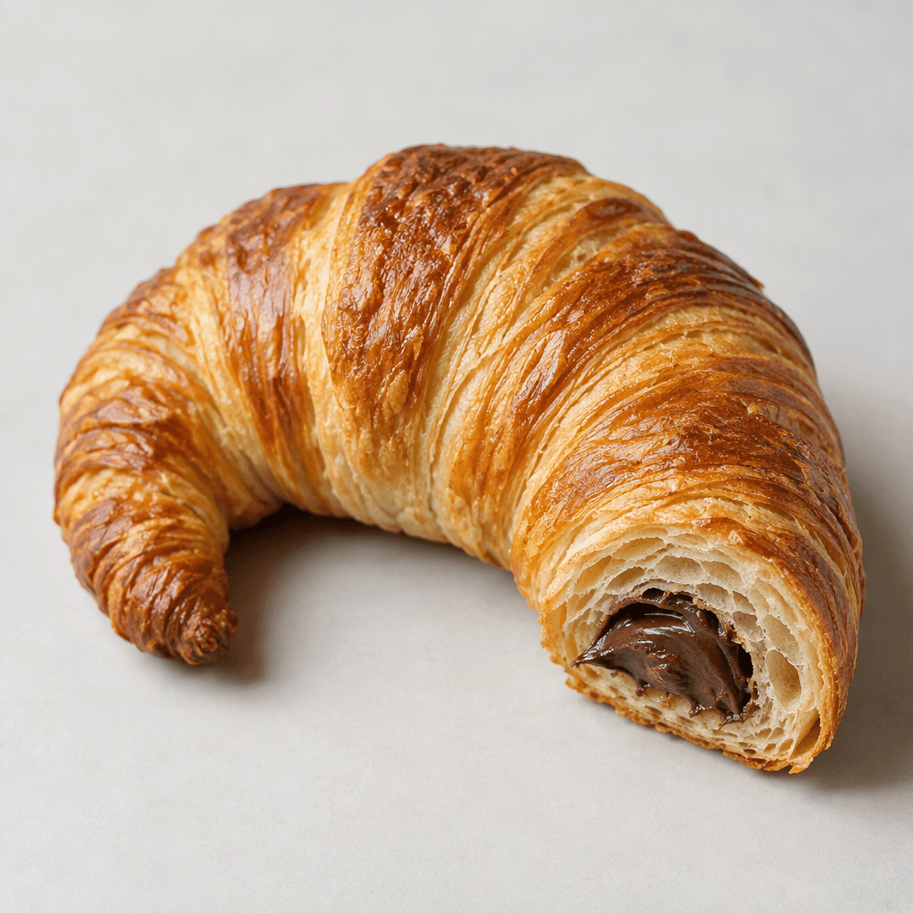An elongated, gently curved golden-brown croissant with a flaky, layered surface and dark cocoa cream visible inside its cut end.