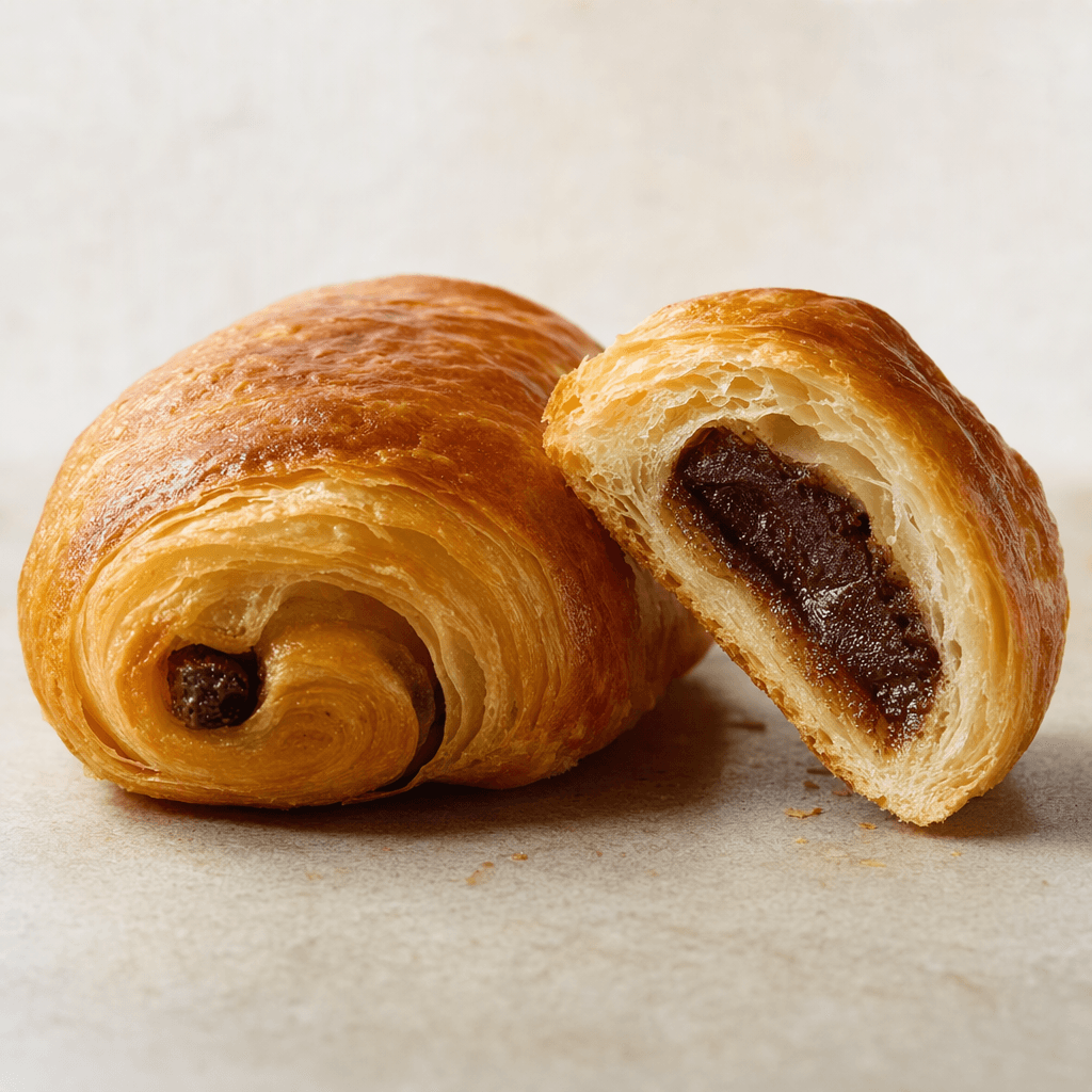 A small, slightly curved golden-brown pastry with a soft, flaky layered surface, shown whole beside a cut piece with dark cocoa filling visible inside.
