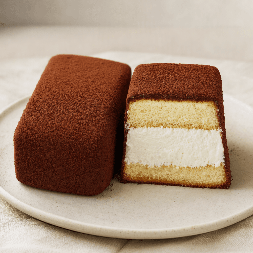 A small rectangular cake with a dark cocoa coating, shown whole beside a cut piece revealing soft pale sponge layers and a thick white milk-cream filling.