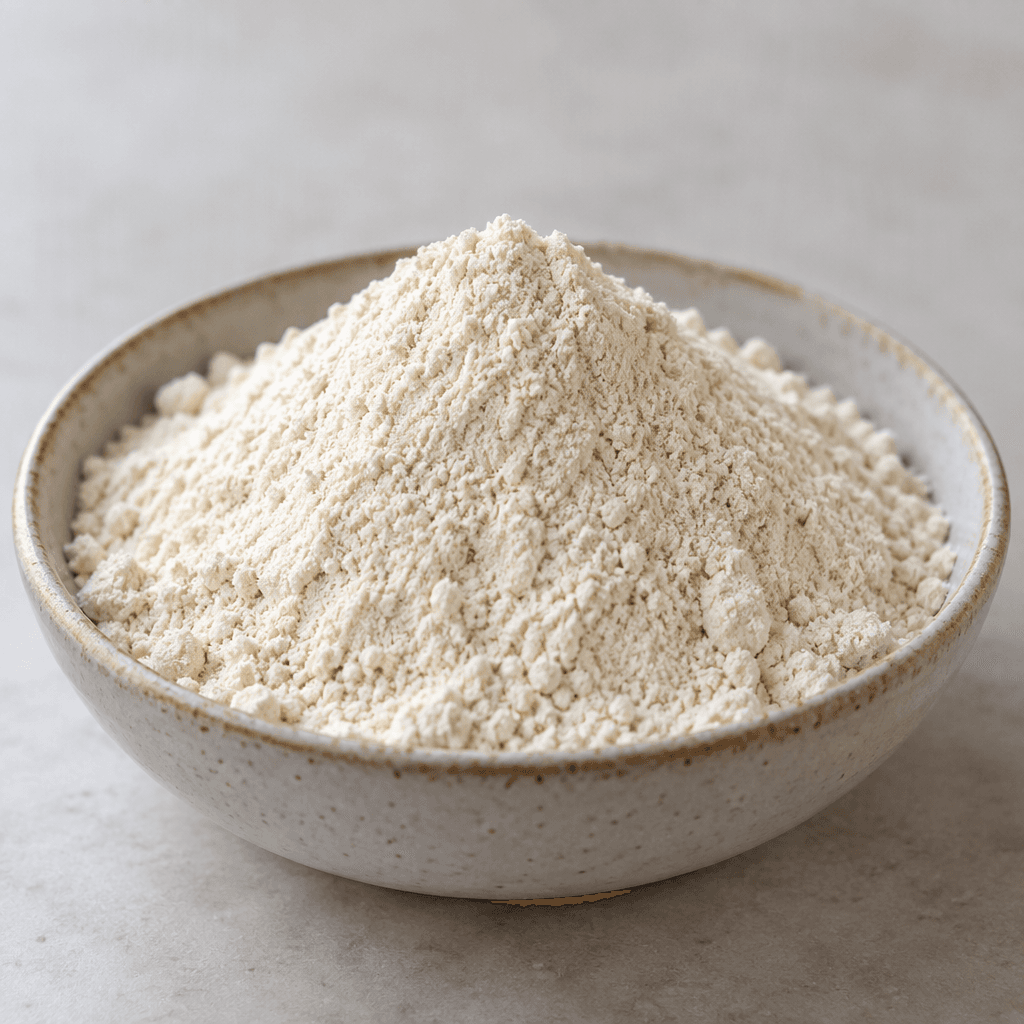 A small mound of fine, light-colored powder with a dry, even texture sits in a shallow dish.