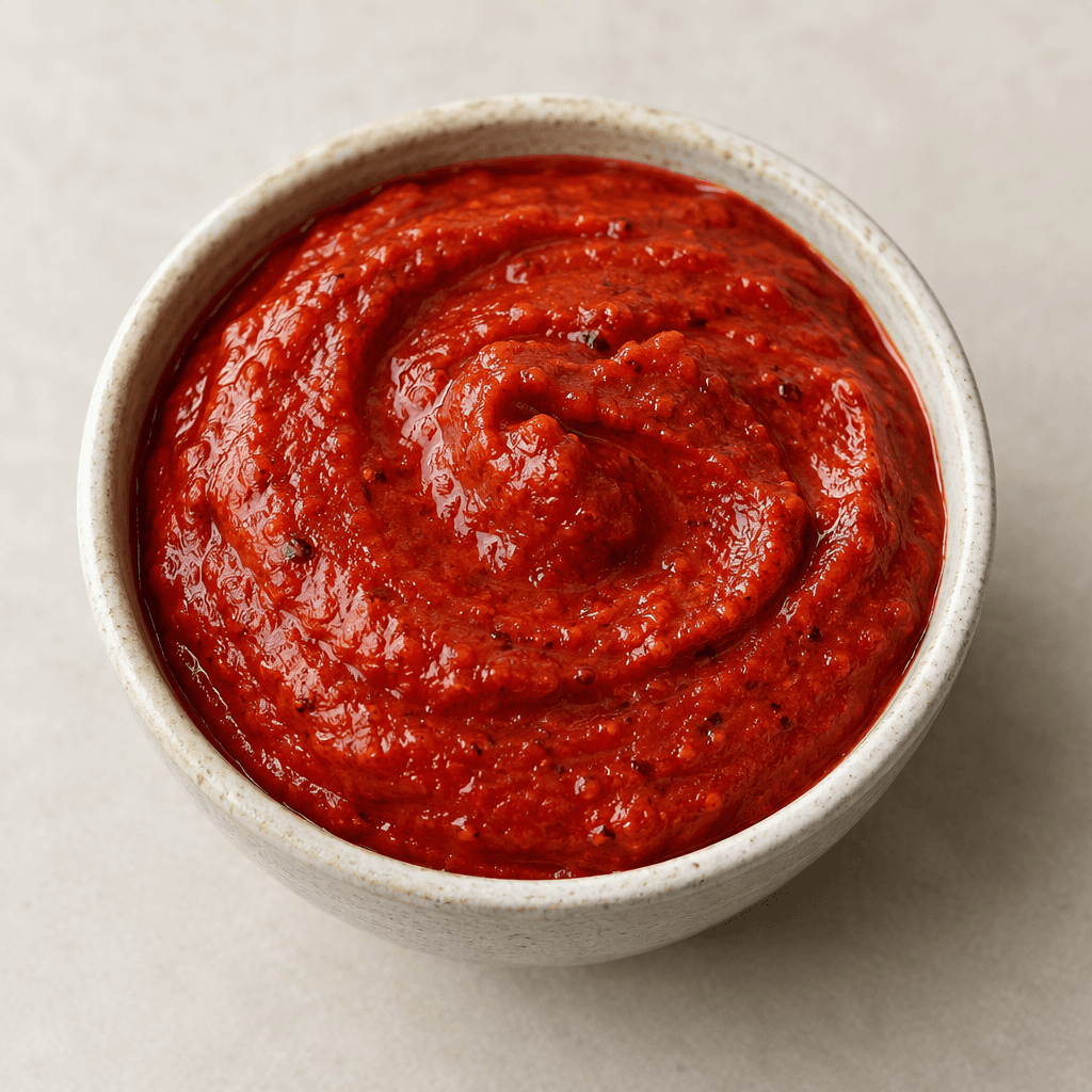A thick, smooth, deep red pepper purée with a glossy surface and tiny darker pepper flecks, served in a small bowl or shallow dish.