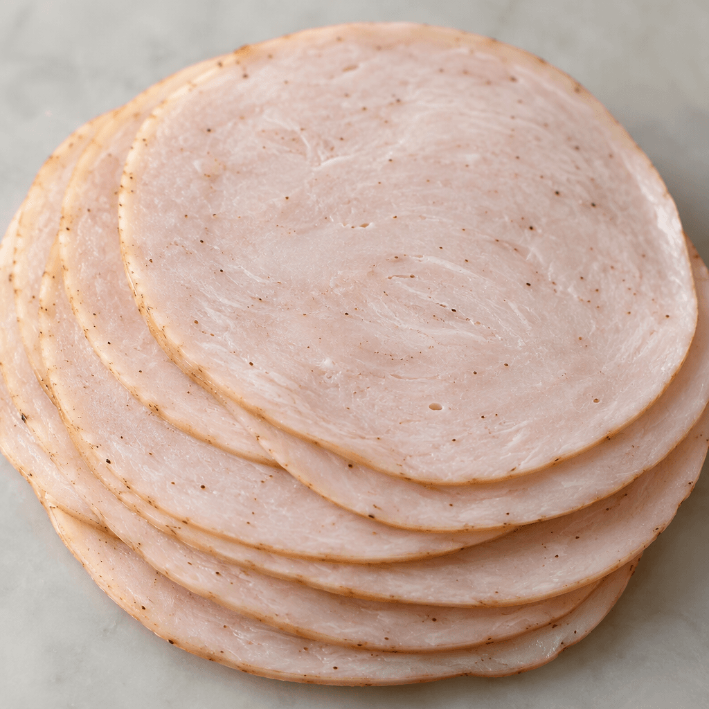 Thin, round slices of pale pink processed turkey are stacked slightly askew, with smooth surfaces, fine speckling, and softly rounded edges.
