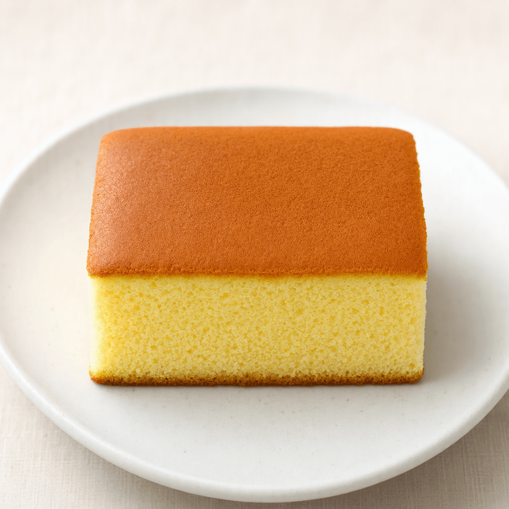 A small rectangular sponge cake with a smooth golden-brown top and a fine, pale-yellow crumb, served plain on a plate.