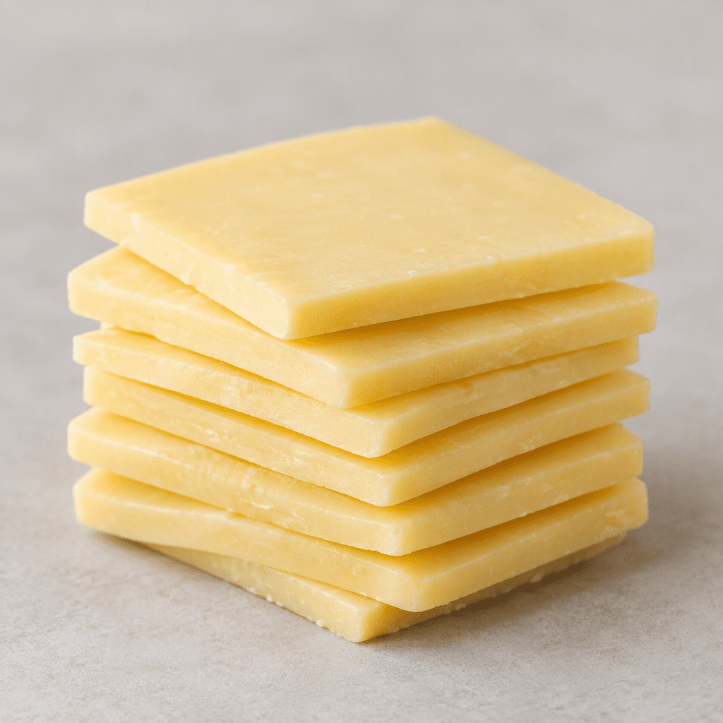 Several small, smooth, pale-yellow rectangular cheese slices are arranged in a neat stack.