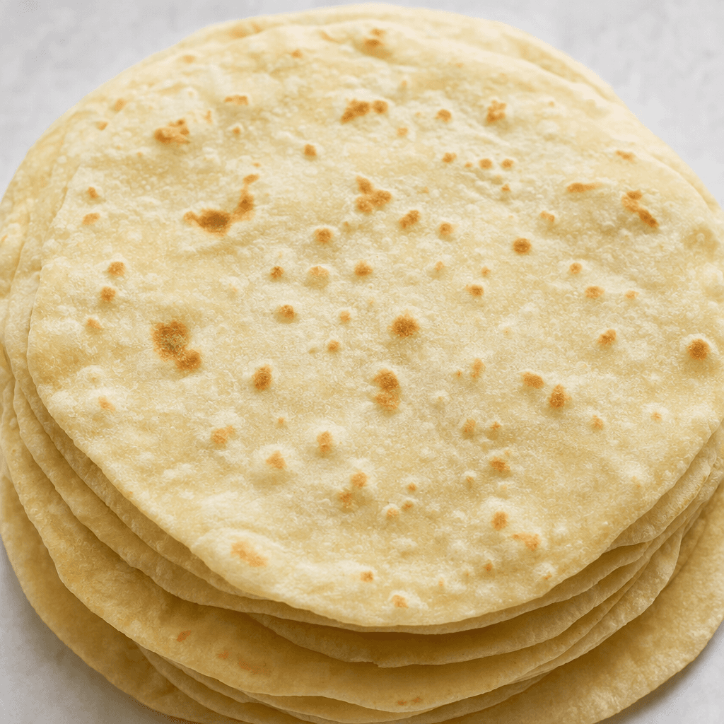 Thin, round, pale beige flatbreads with a soft, smooth surface and scattered light-brown toasted spots, stacked slightly overlapping.