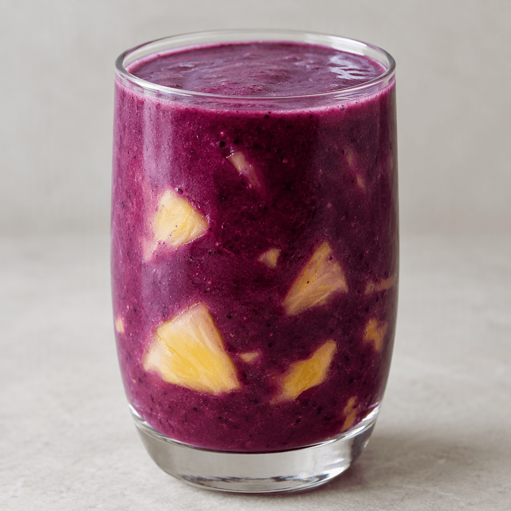 A thick, smooth, deep-purple drink fills a clear glass, with pale-yellow pineapple pieces visible through it.