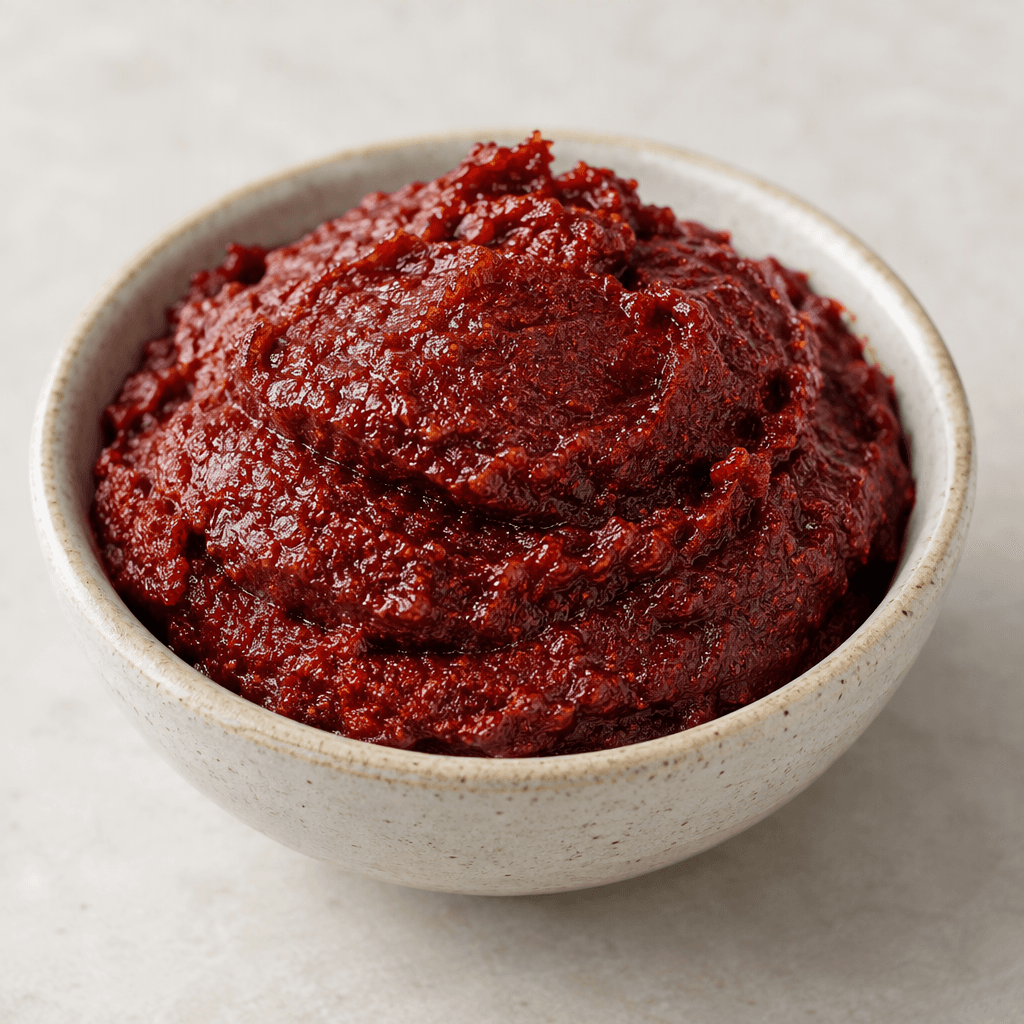 A thick, dense dark-red paste with a slightly coarse, glossy surface, mounded in a small shallow bowl.