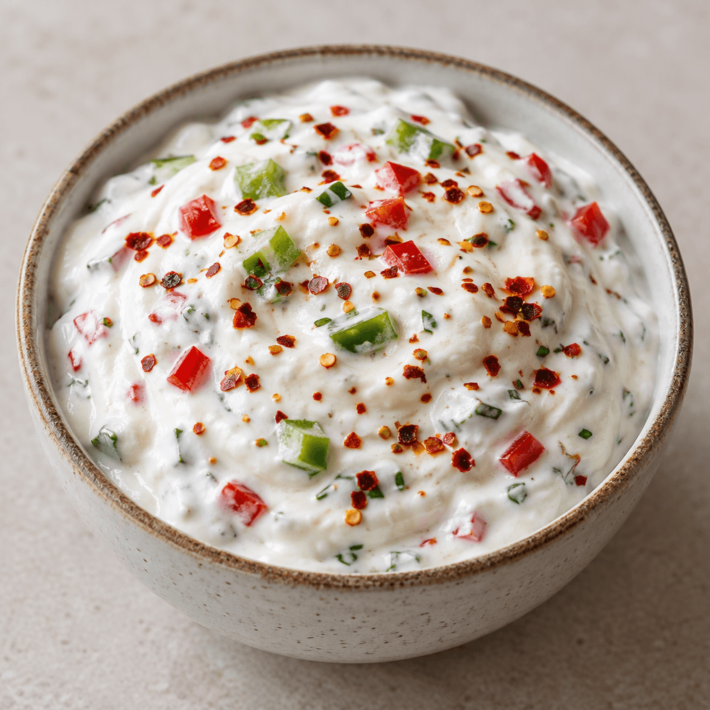 Thick, creamy white yogurt is served in a small bowl, speckled with finely chopped red and green peppers and red pepper flakes.