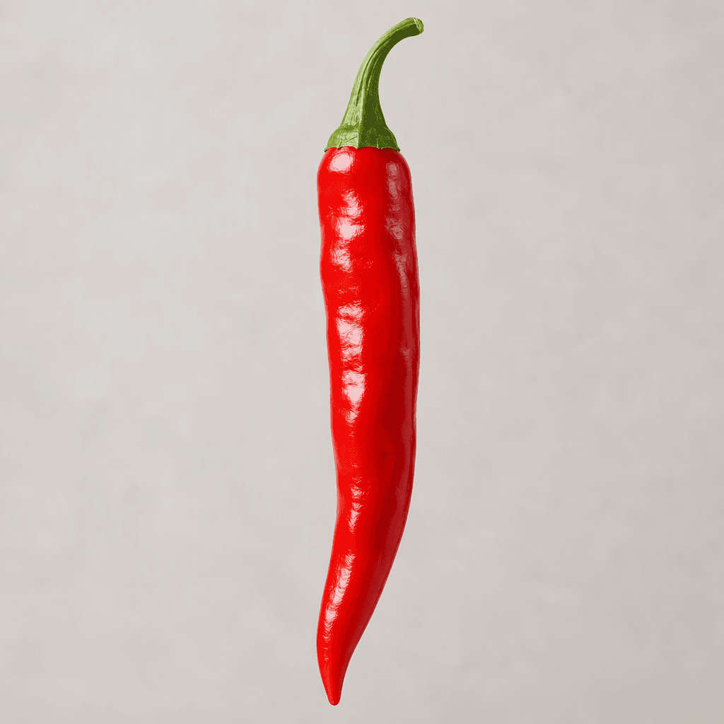 A slender, elongated hot red pepper with smooth, glossy bright-red skin, gently curved sides, and a pointed tip, shown whole with its green stem attached.