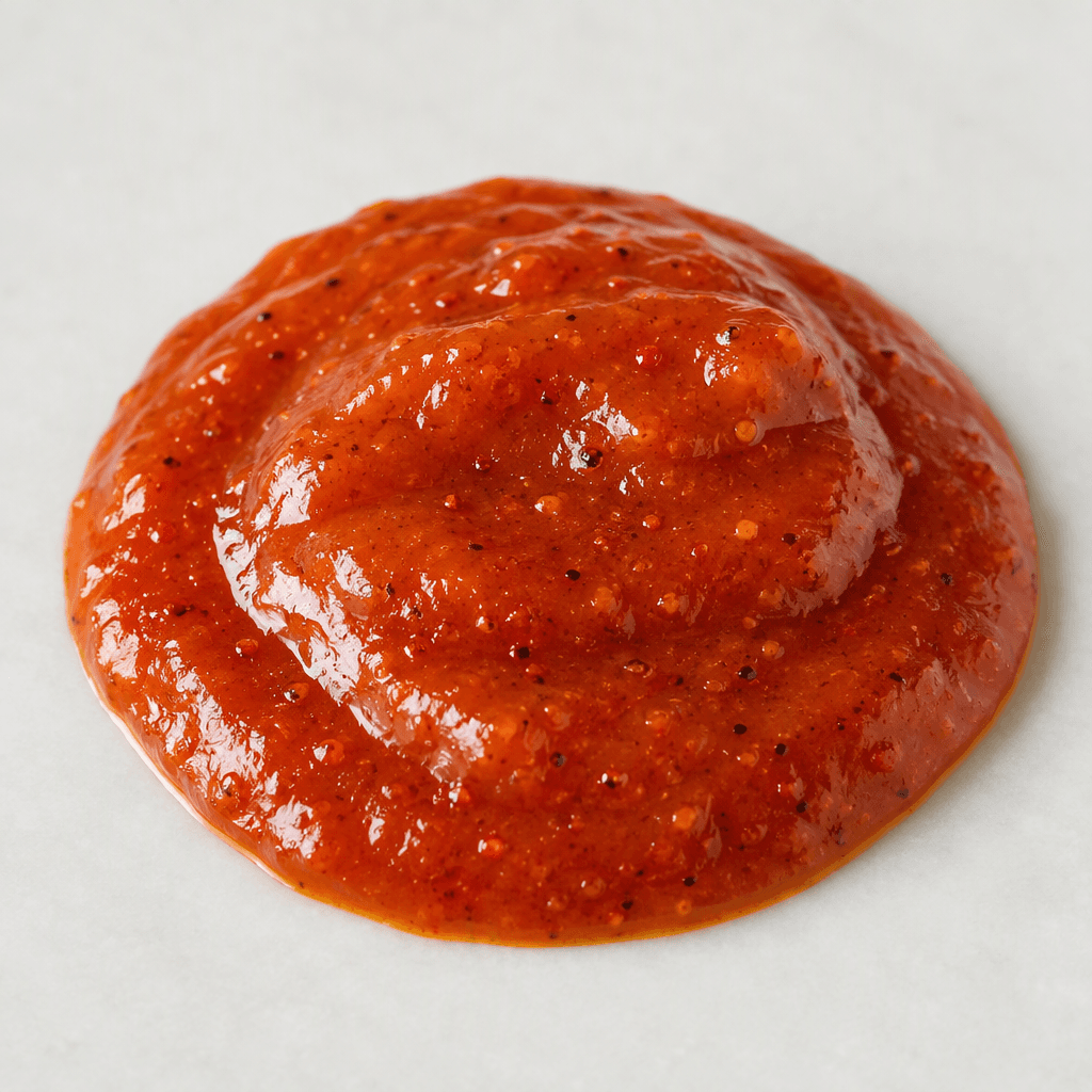 A glossy, thick red-orange sauce with fine pepper flecks, gathered in a small smooth pool.