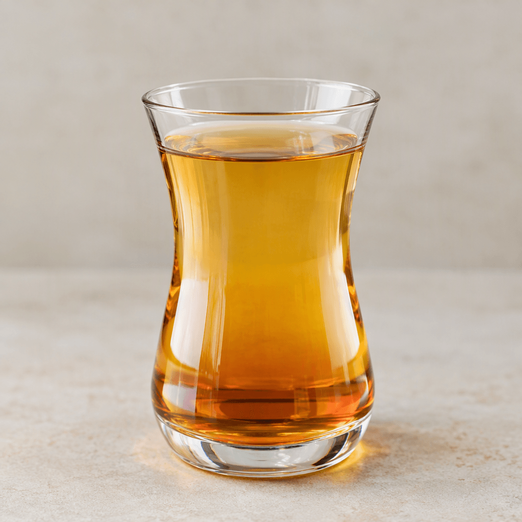 A pale golden-amber, translucent tea is served in a small clear tulip-shaped glass, with a darker amber layer near the bottom and no visible garnish.