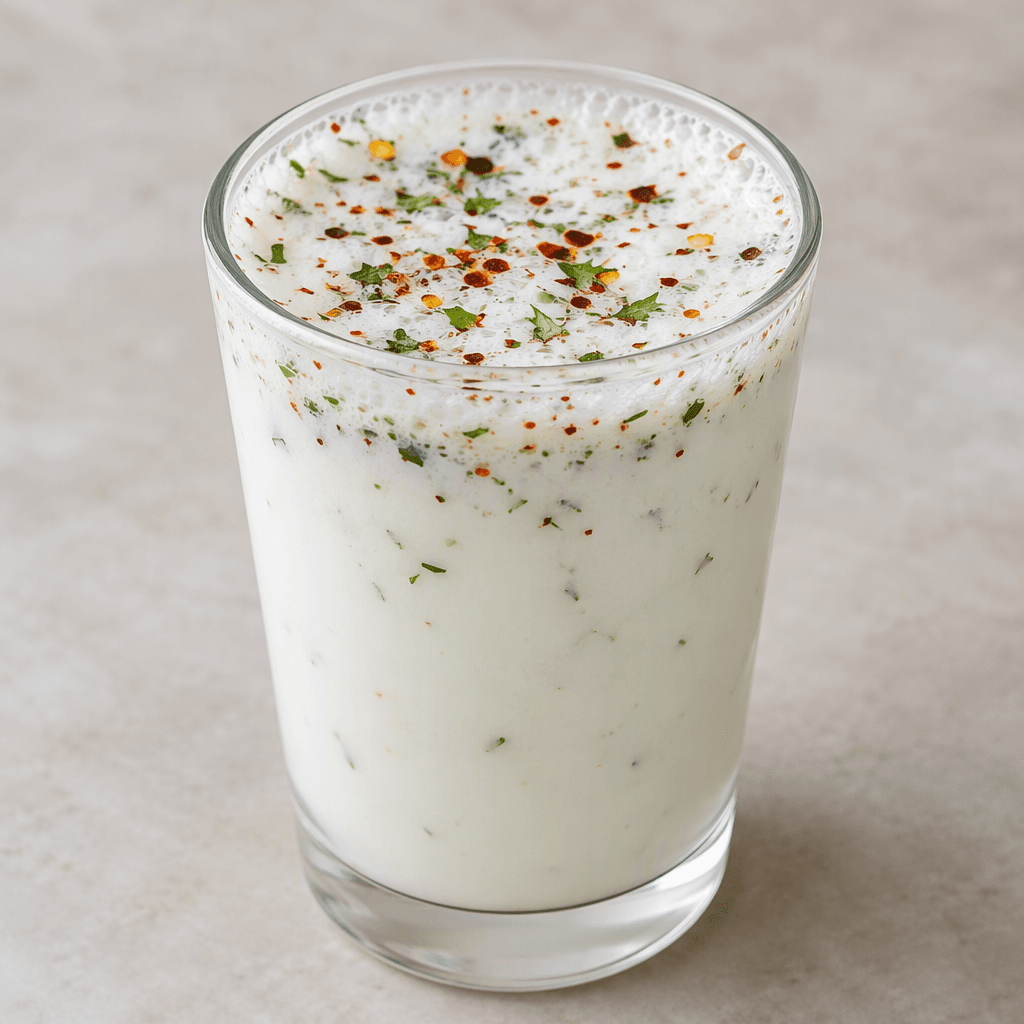 A pale white, opaque and lightly frothy yogurt drink fills a clear glass, with fine red pepper flakes and small green herb flecks floating on the surface and clinging to the foam.
