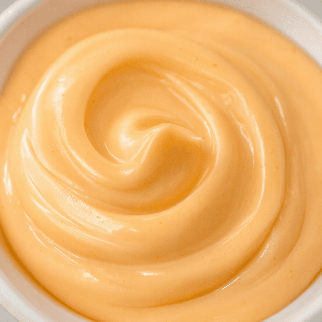 A thick, smooth, glossy pale-orange mayonnaise with an even creamy texture, shown in a soft swirl.