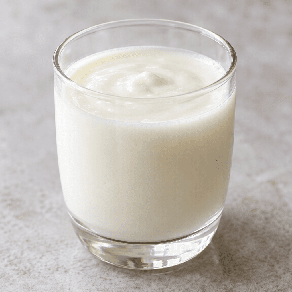 A small serving of opaque, creamy-white dairy drink with a smooth, slightly thick texture, poured into a clear glass.