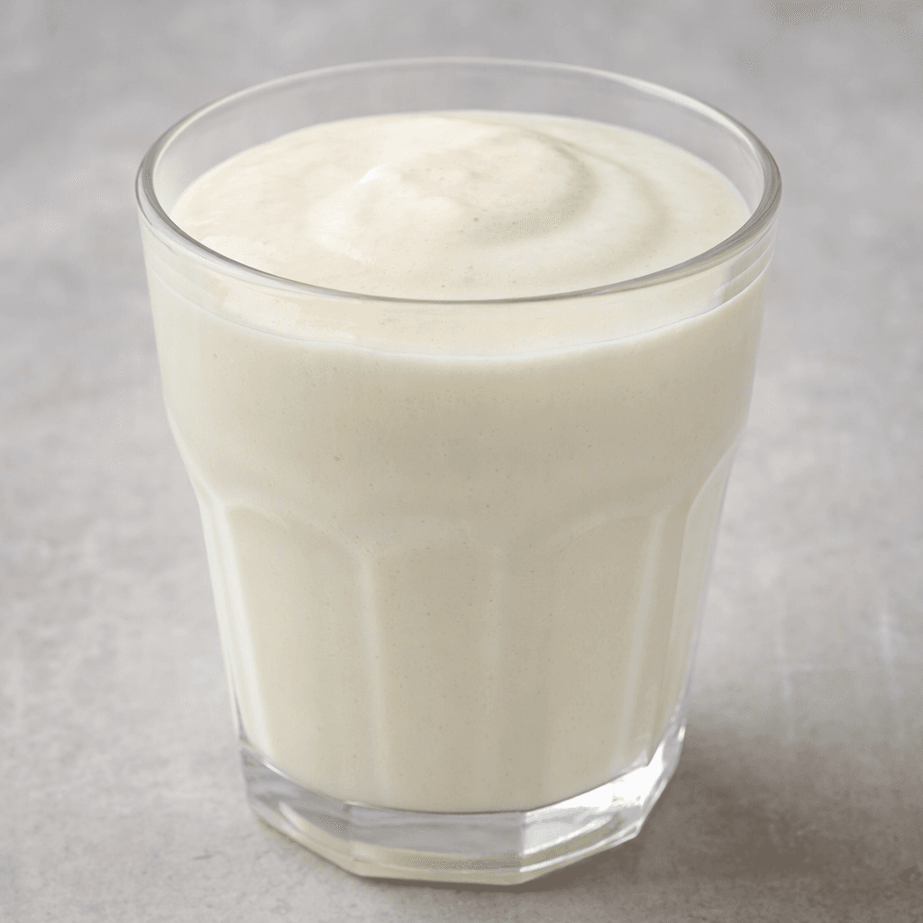 An opaque, creamy-white dairy drink with a smooth, lightly thick consistency, served in a small clear glass.